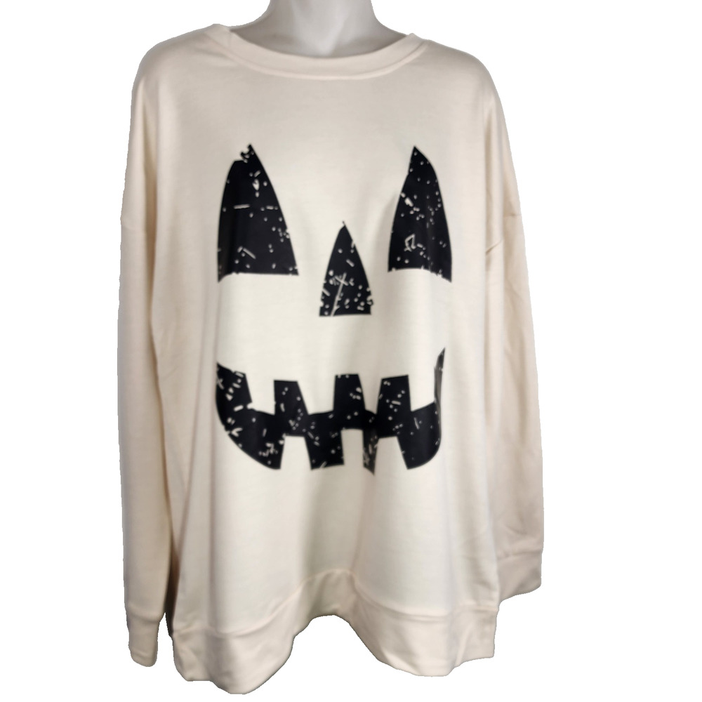 Halloween Jack O Lantern Pumpkin Face Sweatshirt Cotton Blend Cream XL Holiday